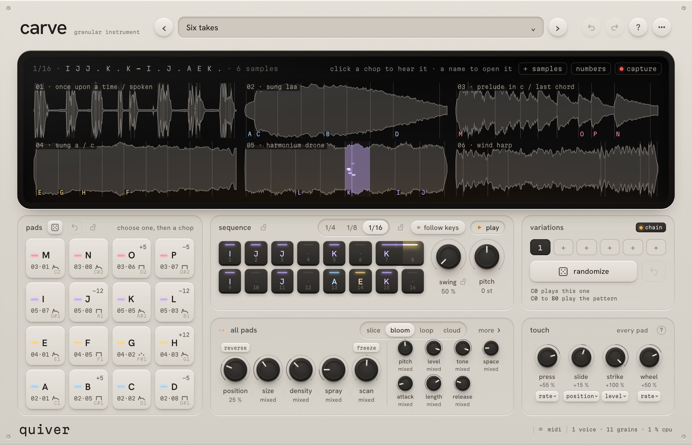 carve: a bone-coloured panel with a dark screen of six recordings, each pad's letter on the moment it plays; sixteen pads, the sequence's sixteen steps, variations, the pad's sound and touch.