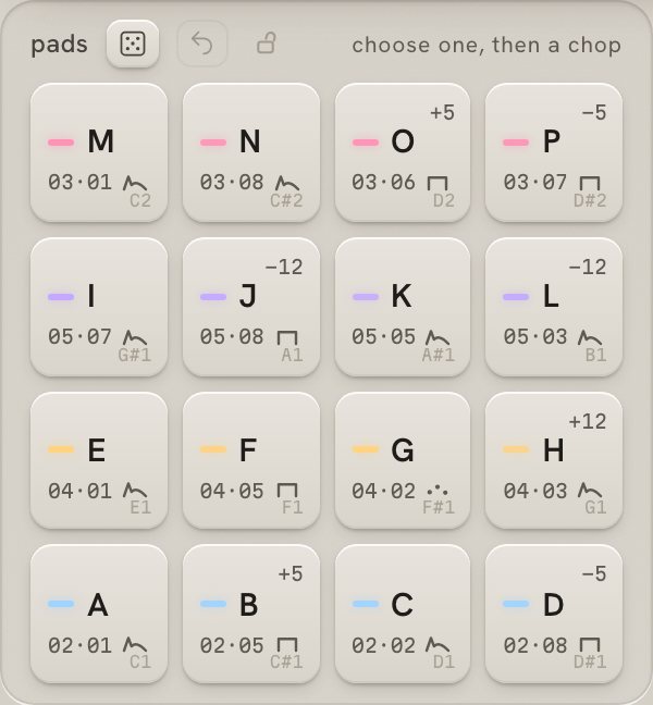 carve's sixteen pads, A to P, each with its sample's colour, the sample and transient it plays, and its key.