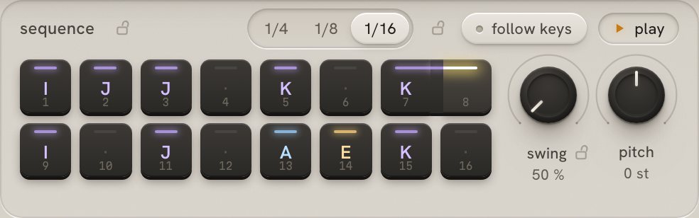 carve's sequence: sixteen step keys lit with the pads they play, a merged run, the step length switch, swing and pitch.