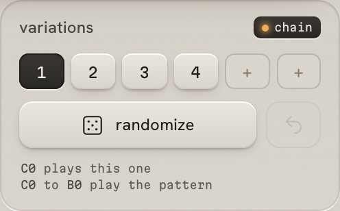 carve's variations: four saved slots, two empty, the chain pill, randomize and revert.
