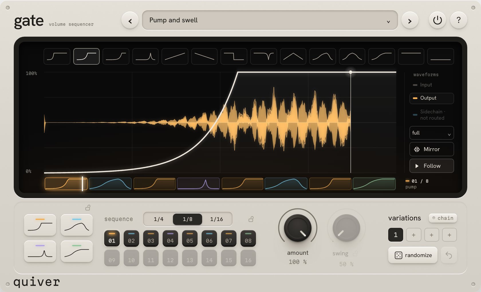gate: a bone-coloured panel with a dark glass screen, four coloured curve previews, sixteen step keys, Amount and Swing knobs, and four working variations.