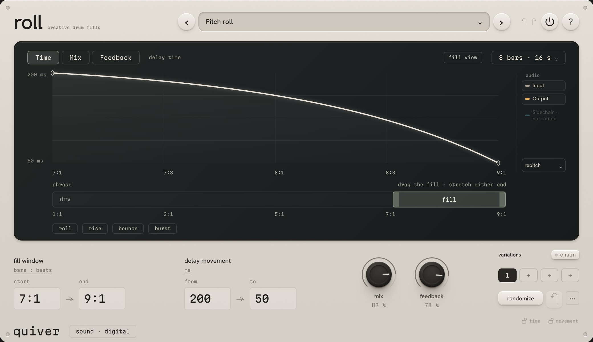 roll's whole interface: the phrase and its fill window on the glass, the fill window and delay movement fields, the mix and feedback knobs, four variation slots, chain and randomize.