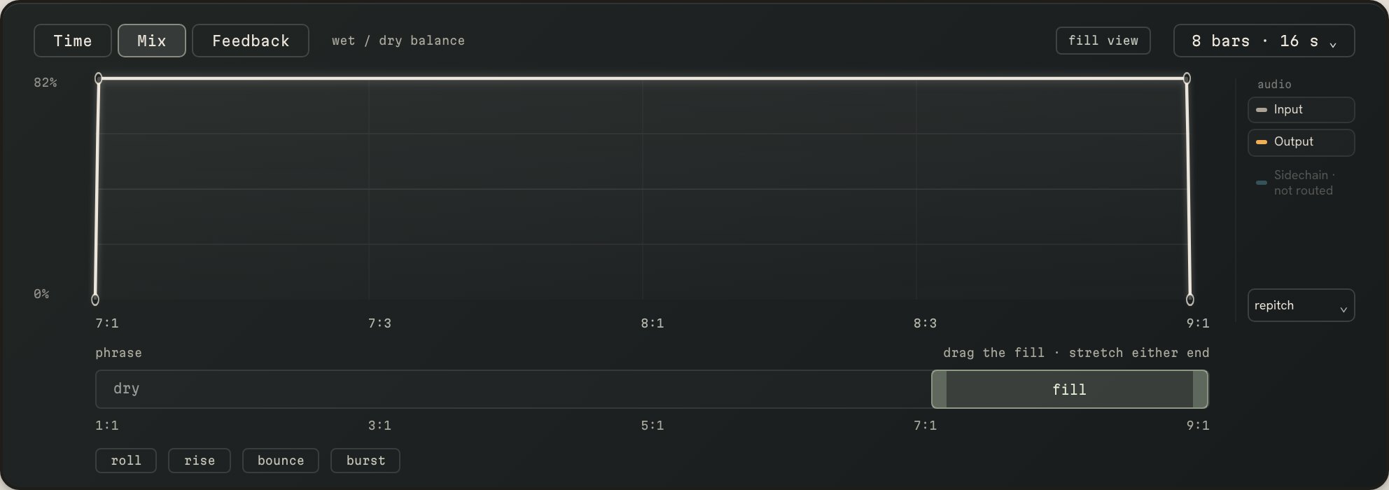 roll's glass with the Mix lane: no delay until the fill window, then all of it to the end of the phrase.