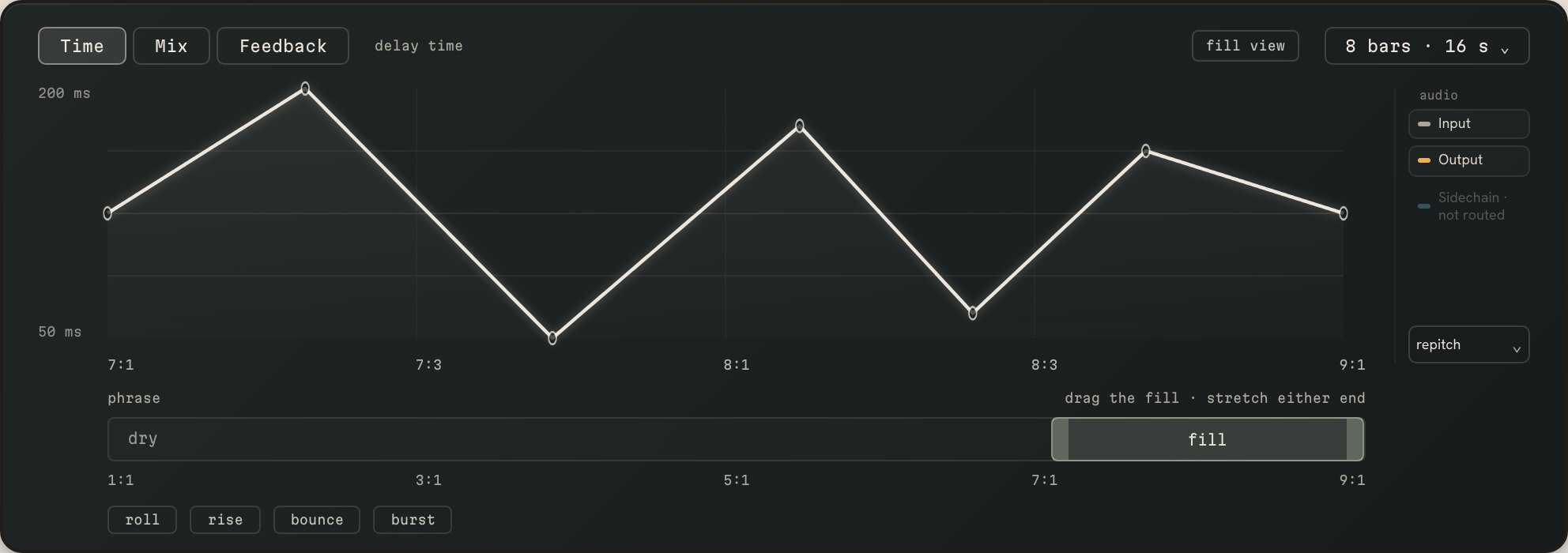 roll's Time lane after one press on randomize: a new delay movement across the same fill window.
