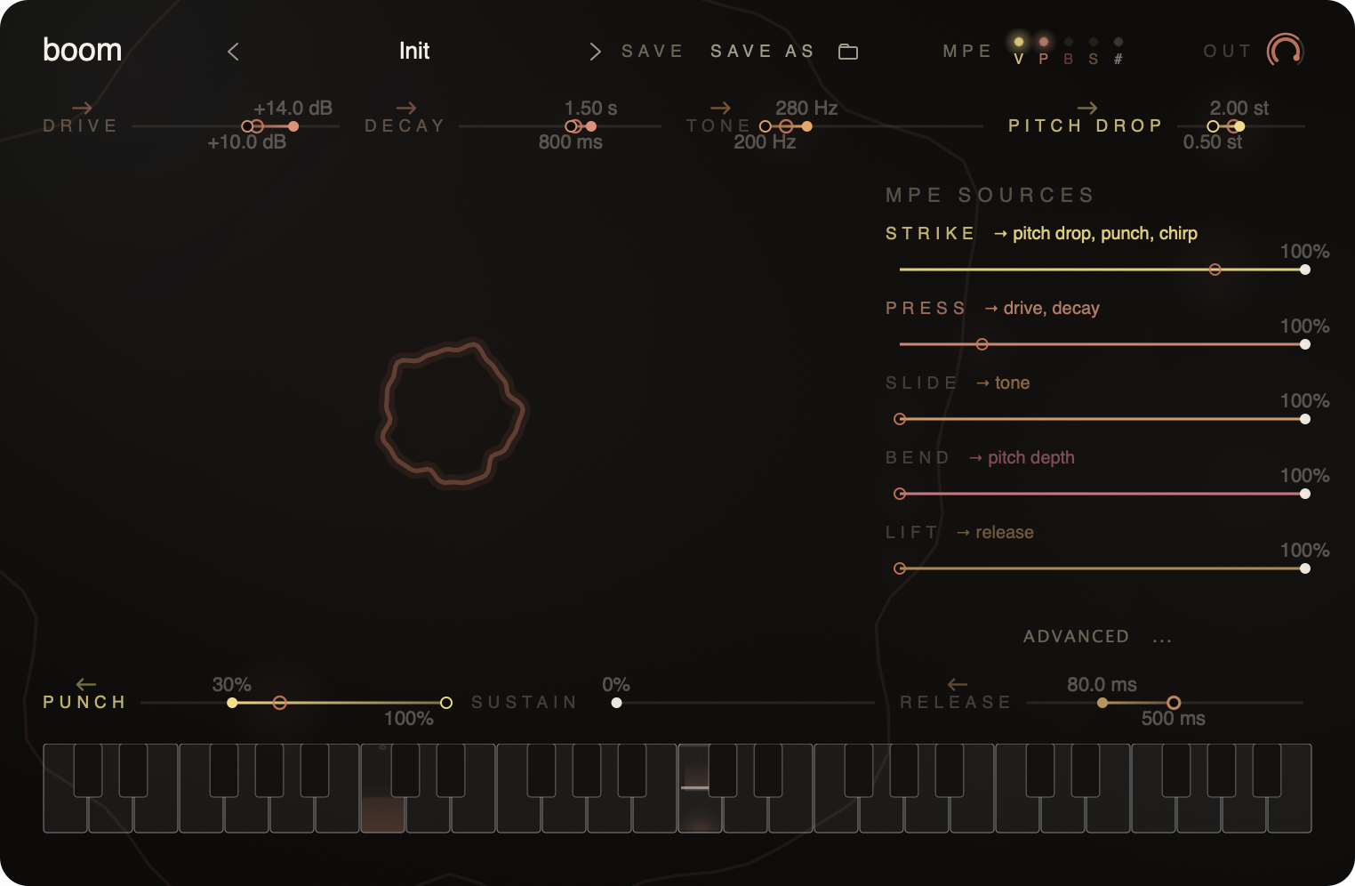 Boom main UI with the pulse-rings background lit up, Init preset loaded, every MPE source visibly mapped