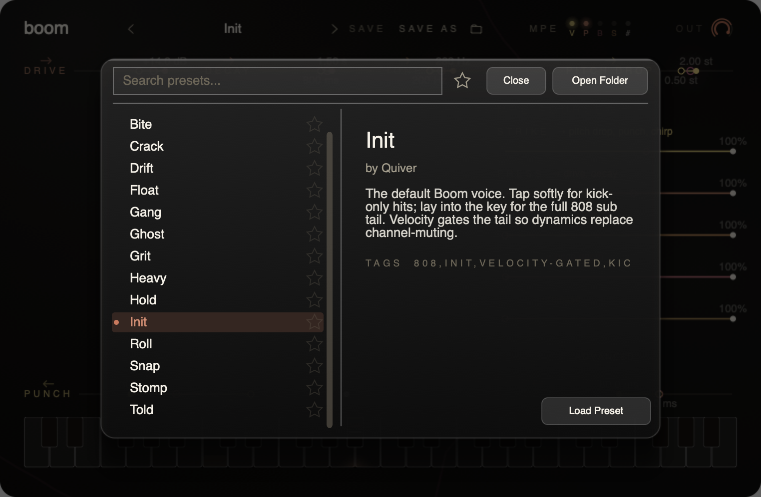 Boom preset browser open showing the fourteen-preset factory bank with the Init preset highlighted and its metadata