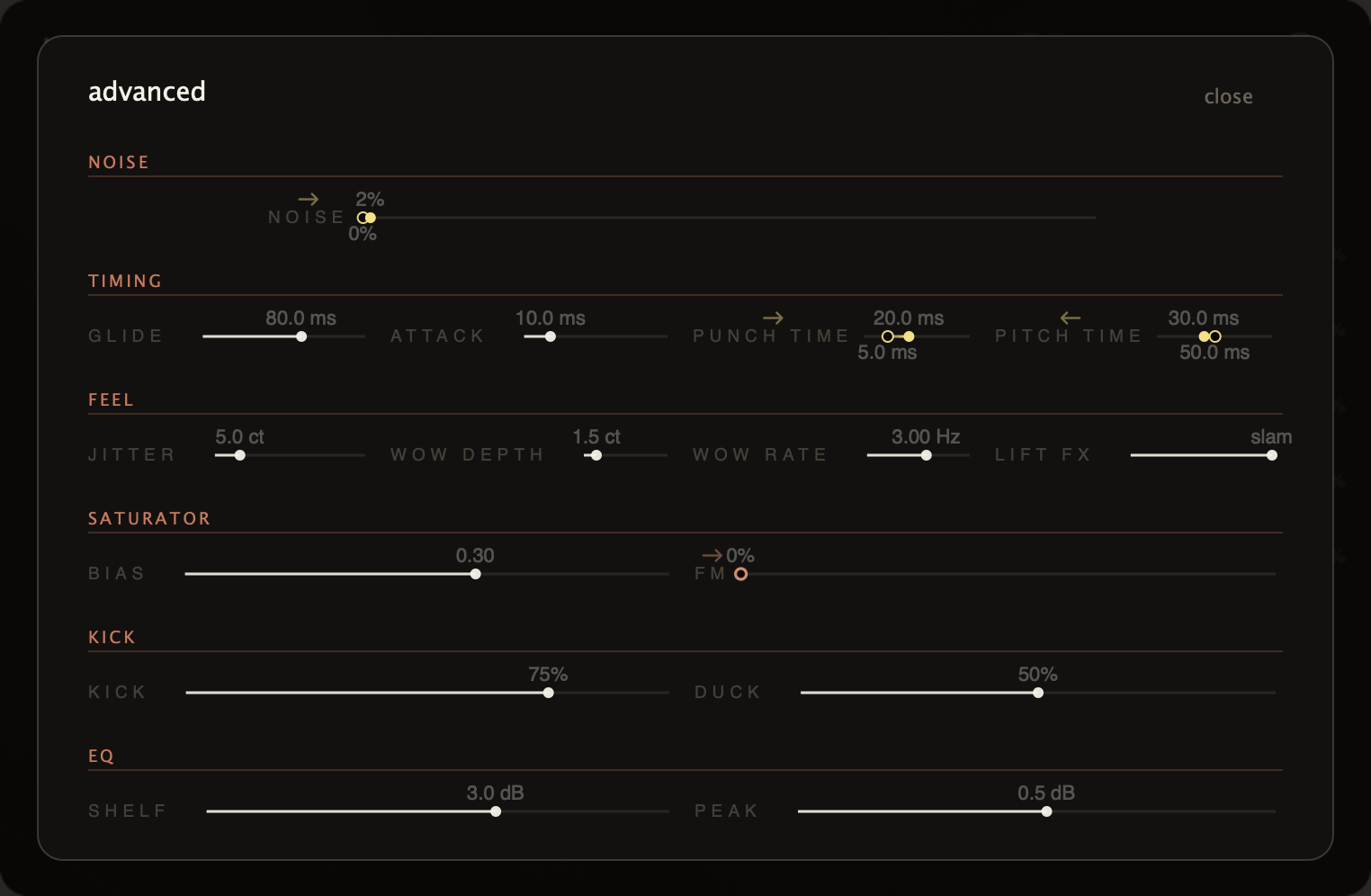 Boom advanced controls panel with Noise, Timing, Feel, Saturator, Kick and EQ sections exposed
