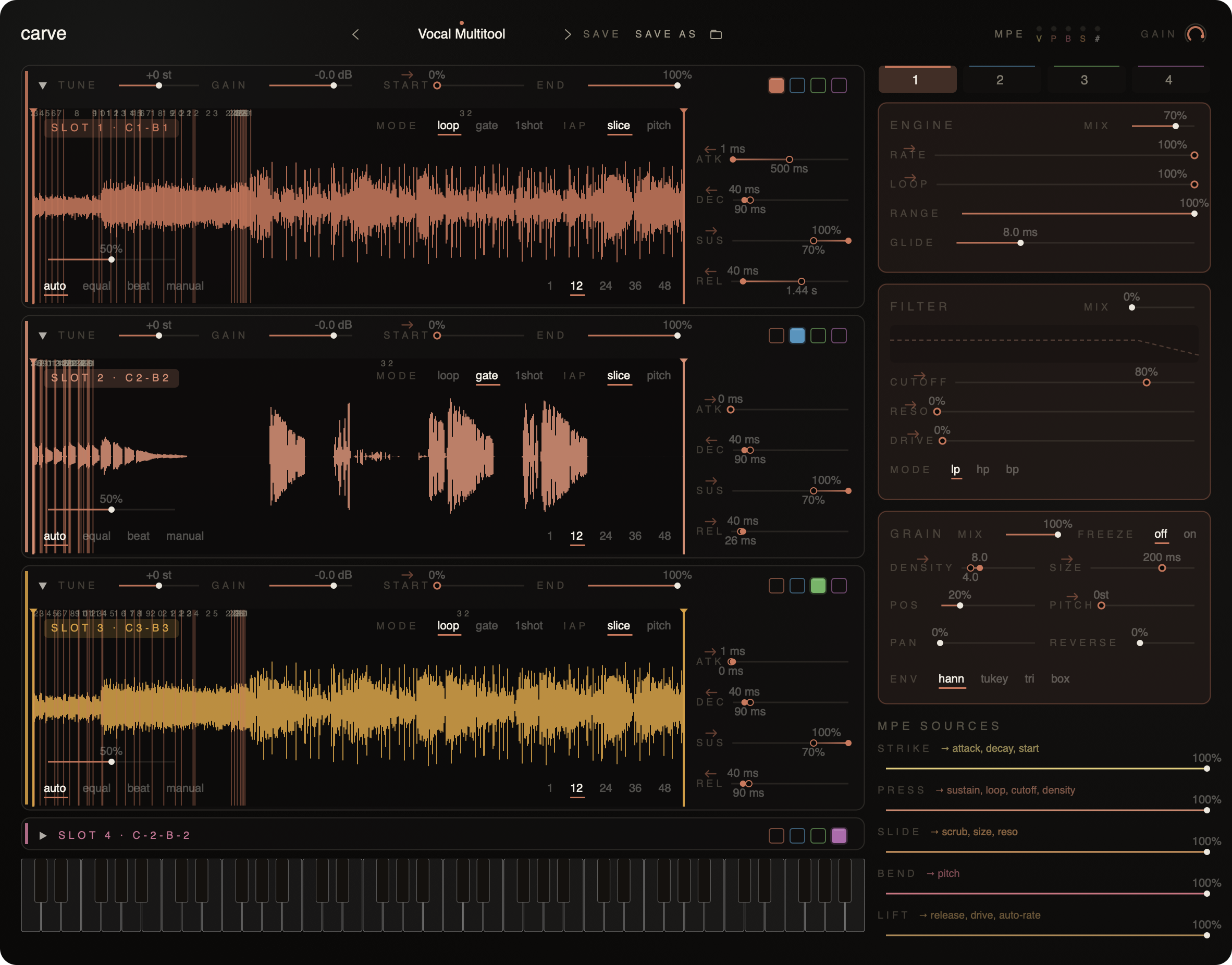 Carve main UI on the Vocal/Vocal Multitool preset with the variation tabs, engine and filter panels alive under demo MPE