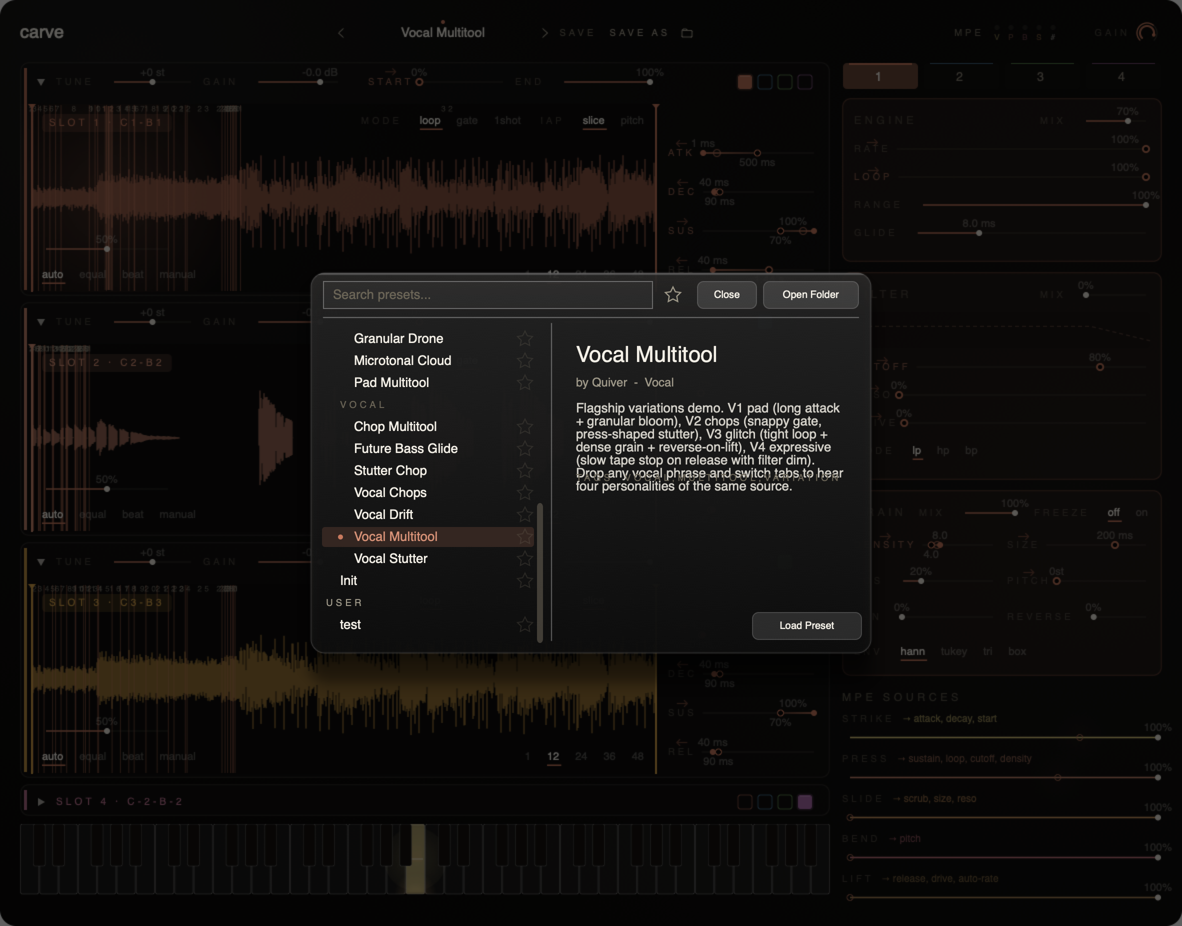Carve preset browser open showing the factory bank across Vocal, Drum, Pad, Melodic, FX and Live categories