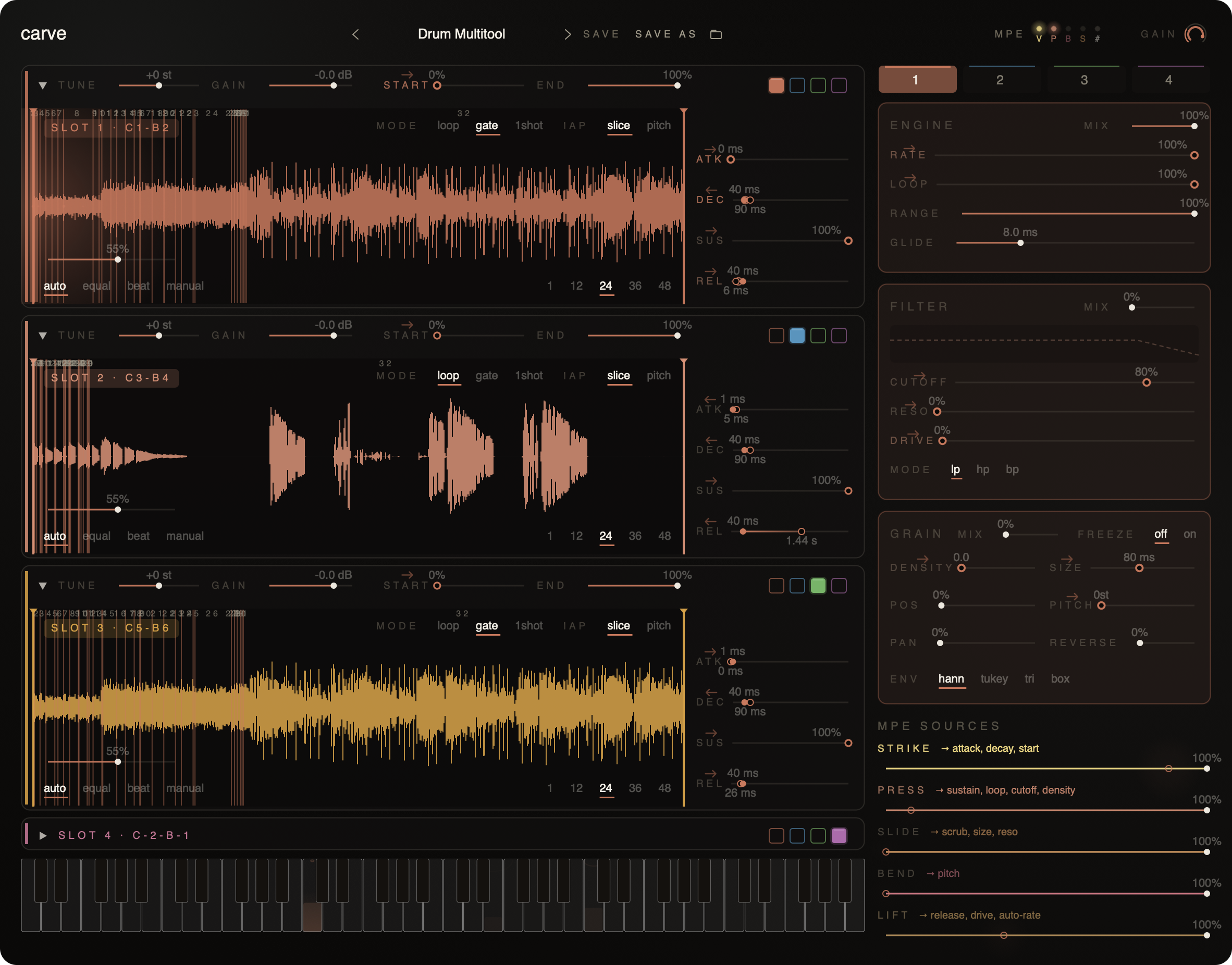 Carve on Drum/Drum Multitool with the drum-tuned engine variation and a percussive MPE routing