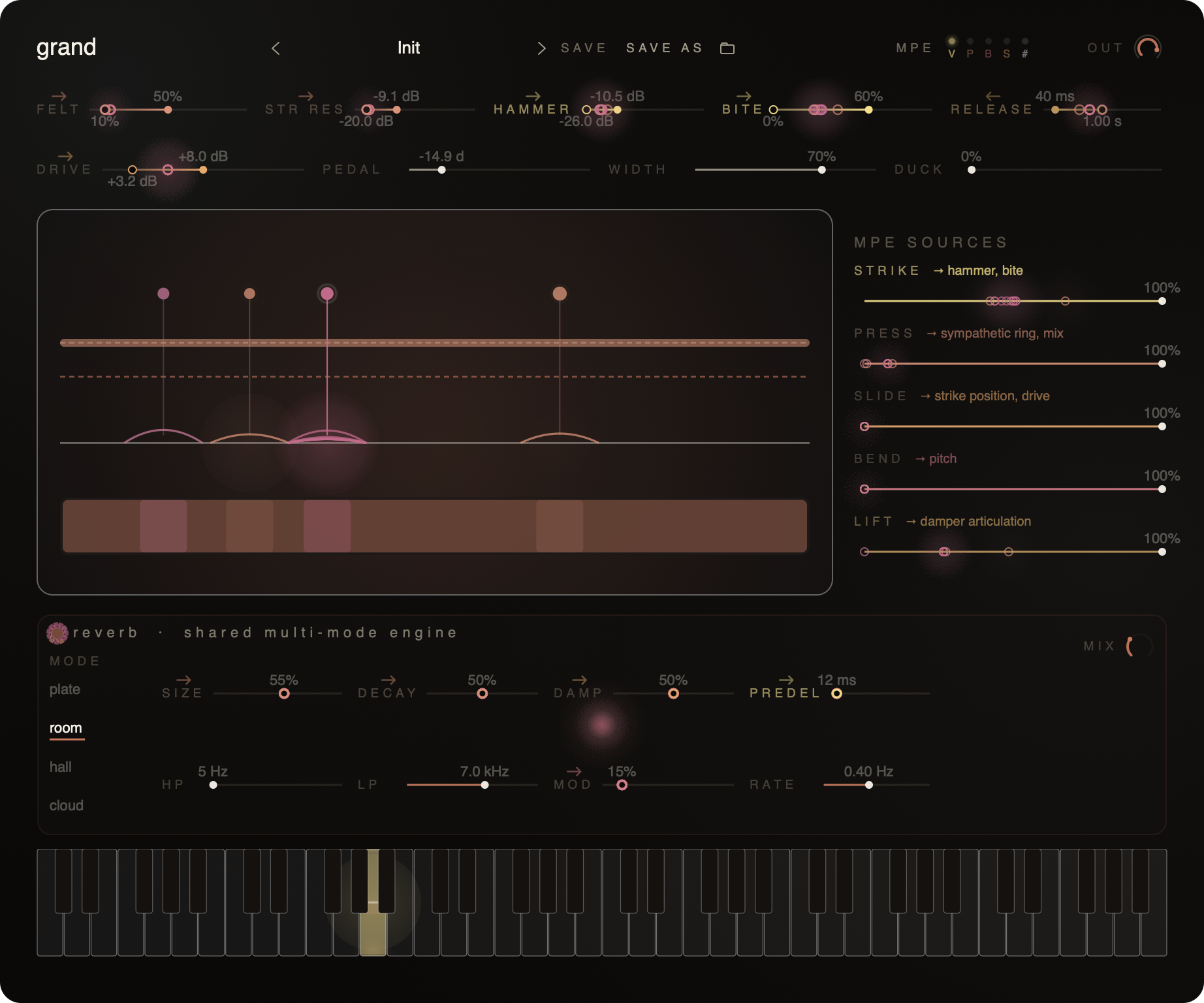 Grand main UI on the Init preset with the piano field view alive under demo MPE and the shared reverb panel mounted below
