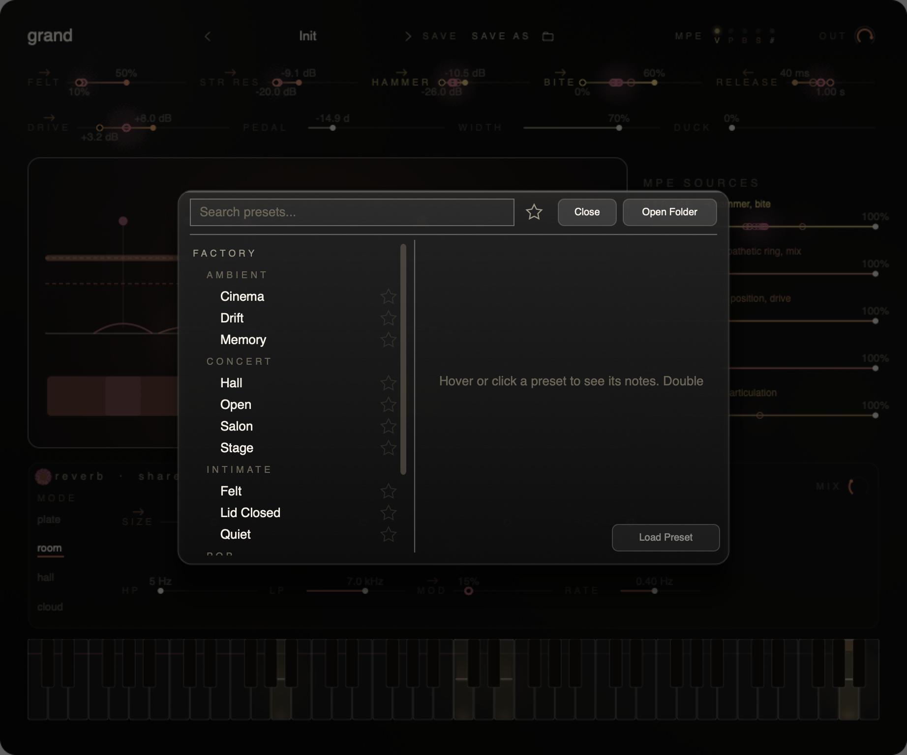 Grand preset browser open showing the factory bank across Concert, Intimate, Pop and Ambient categories