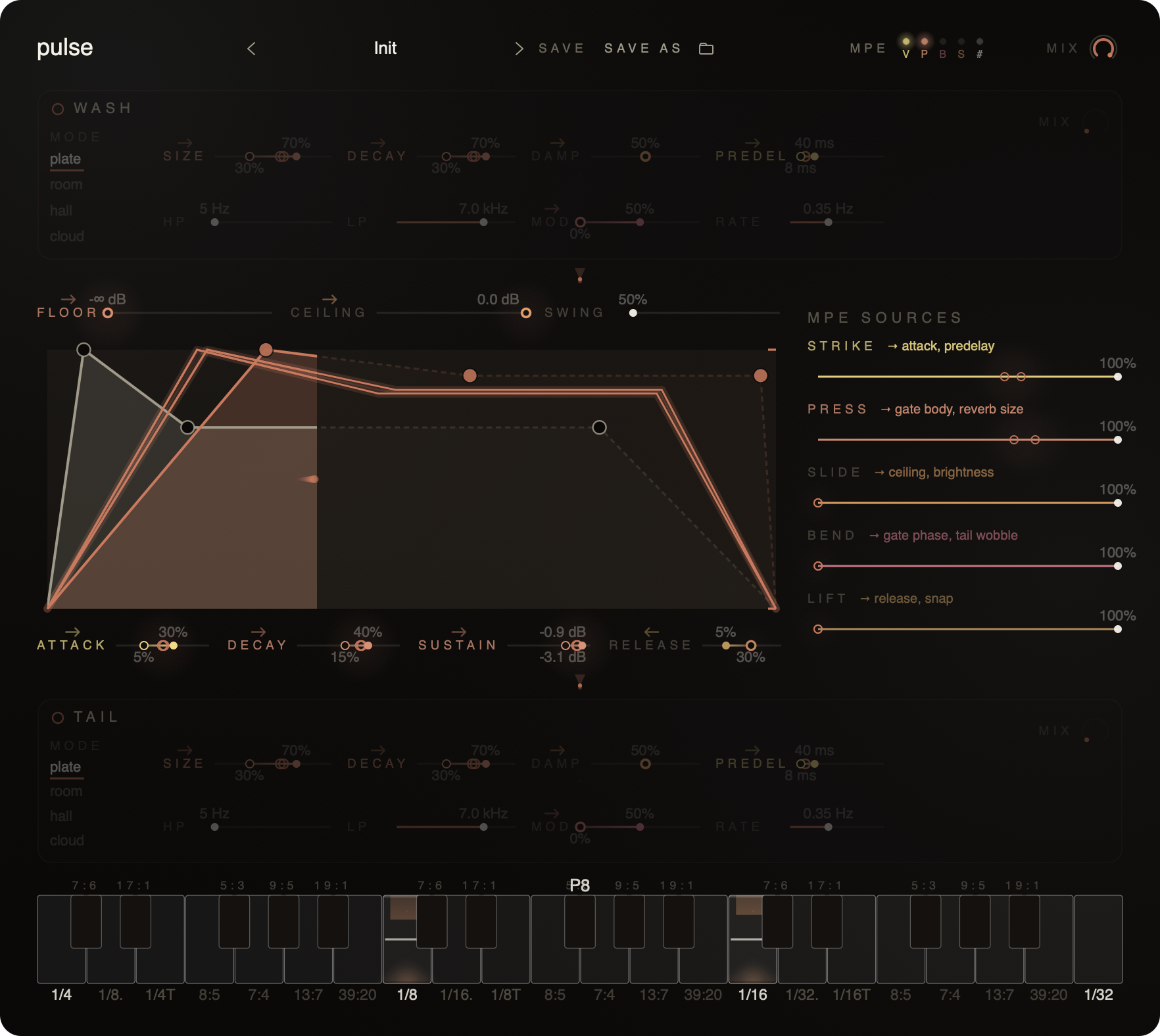 Pulse main UI on Drop/Glassbreath with the wash reverb panel feeding the gate cluster and the tail reverb breathing underneath