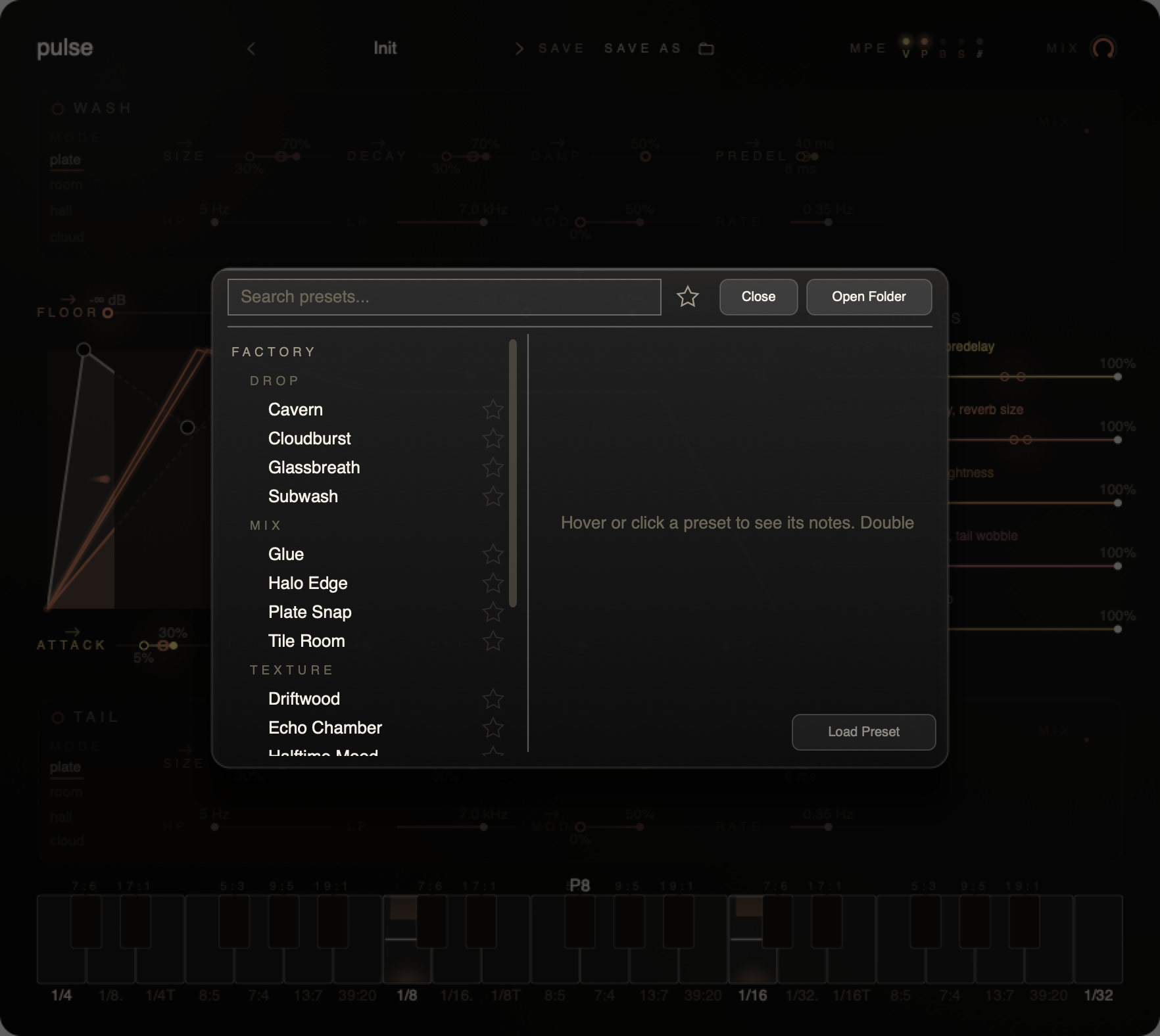 Pulse preset browser open showing the factory bank across Drop, Mix, Texture and Voice categories