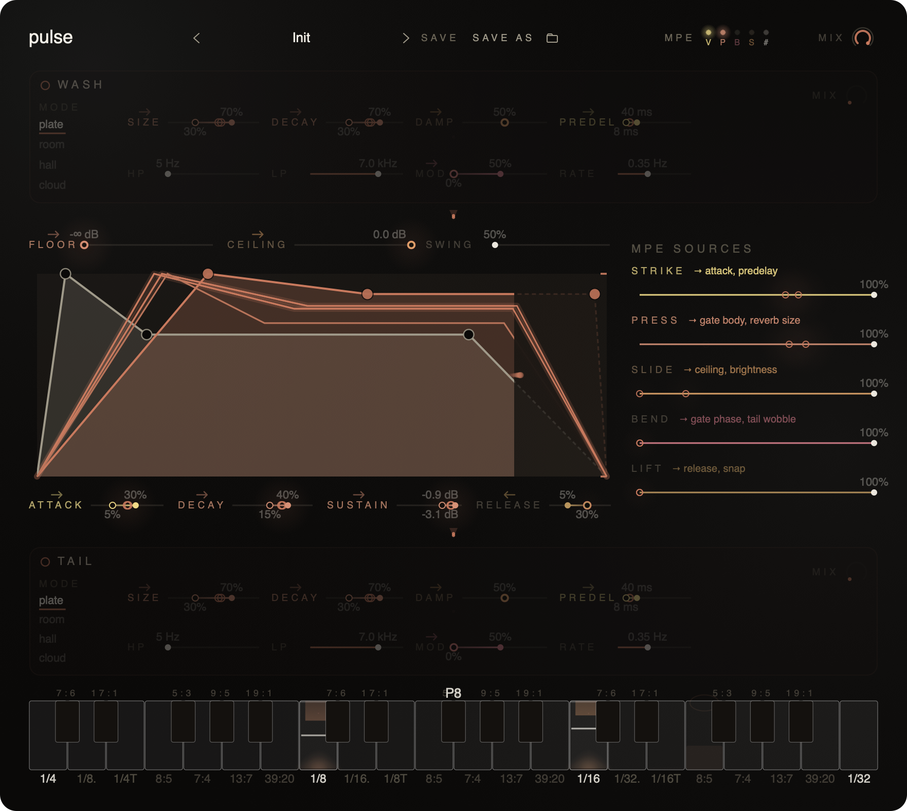 Pulse on Texture/Driftwood with a long atmospheric reverb tail and a softer, breathier gate