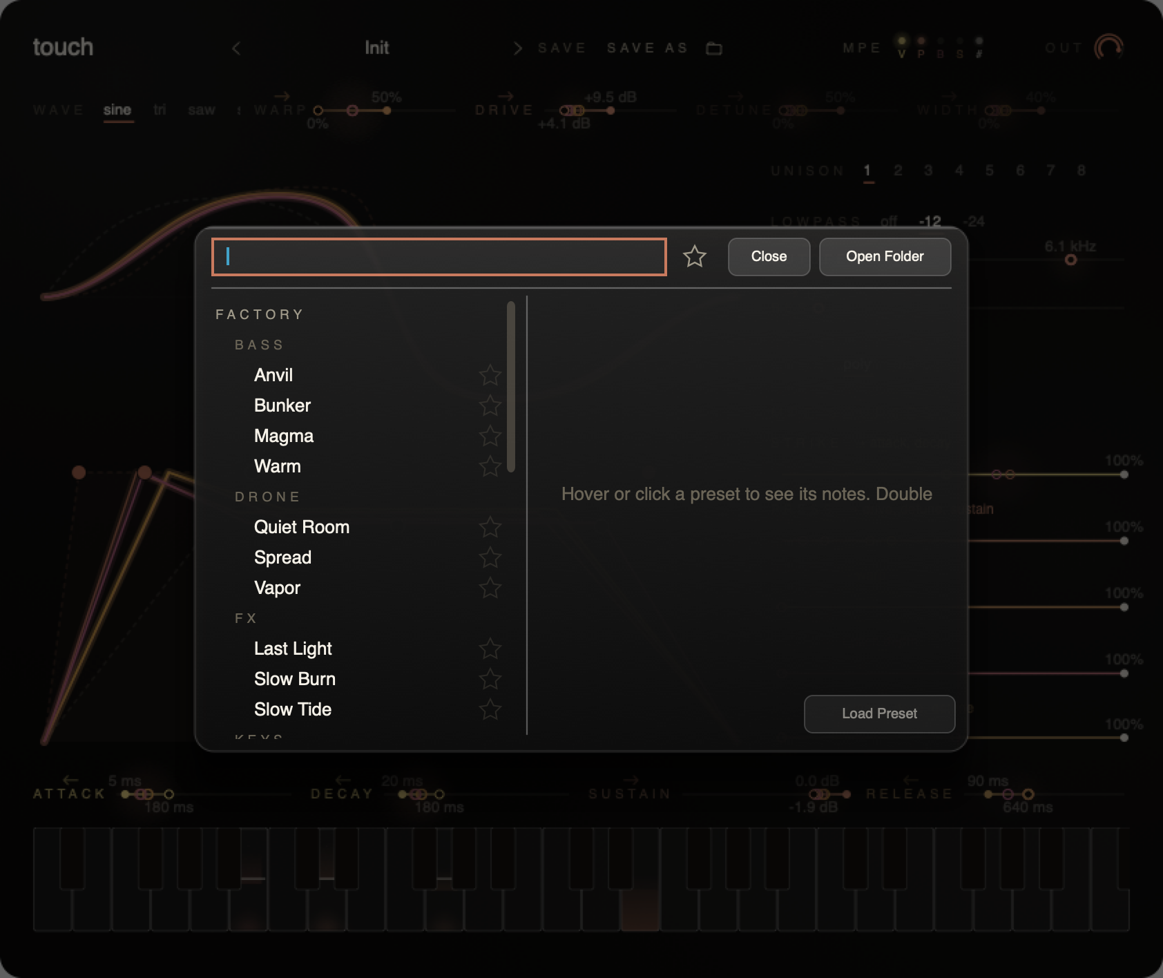 Touch preset browser open showing the factory bank across Bass, Lead, Pad, Pluck, Keys, FX and Drone categories
