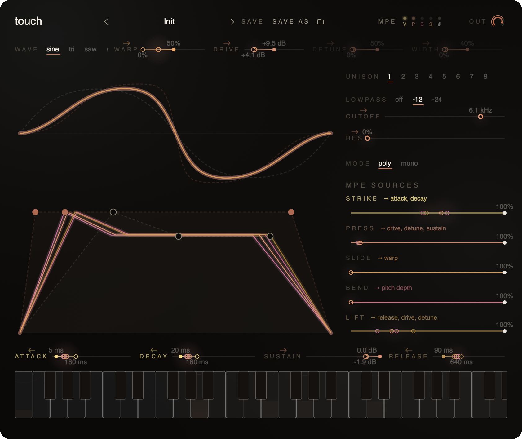 Touch on the Pad/Stratus preset showing the wider stereo width and the chord-spread detune across held voices